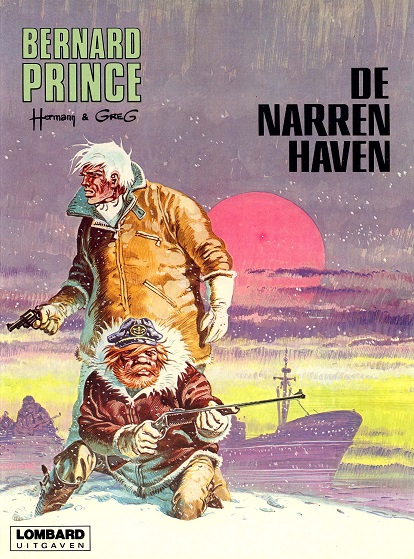 Bernard Prince, a white haired rugged looking man, holding a pistol with Barney Jordan crouching in front of him, against a snowwy backdrop